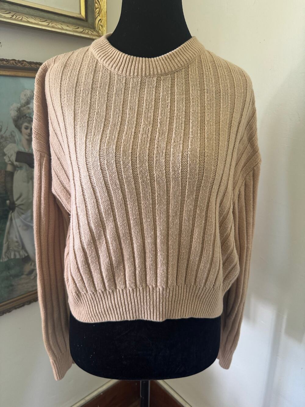 H&M Divided Ribbed Cropped Sweater Beige Drop Shoulder Size S